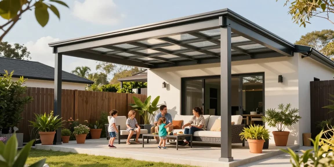 Moderne Terrassenüberdachung mit Familie im Garten bei Sonnenschein.