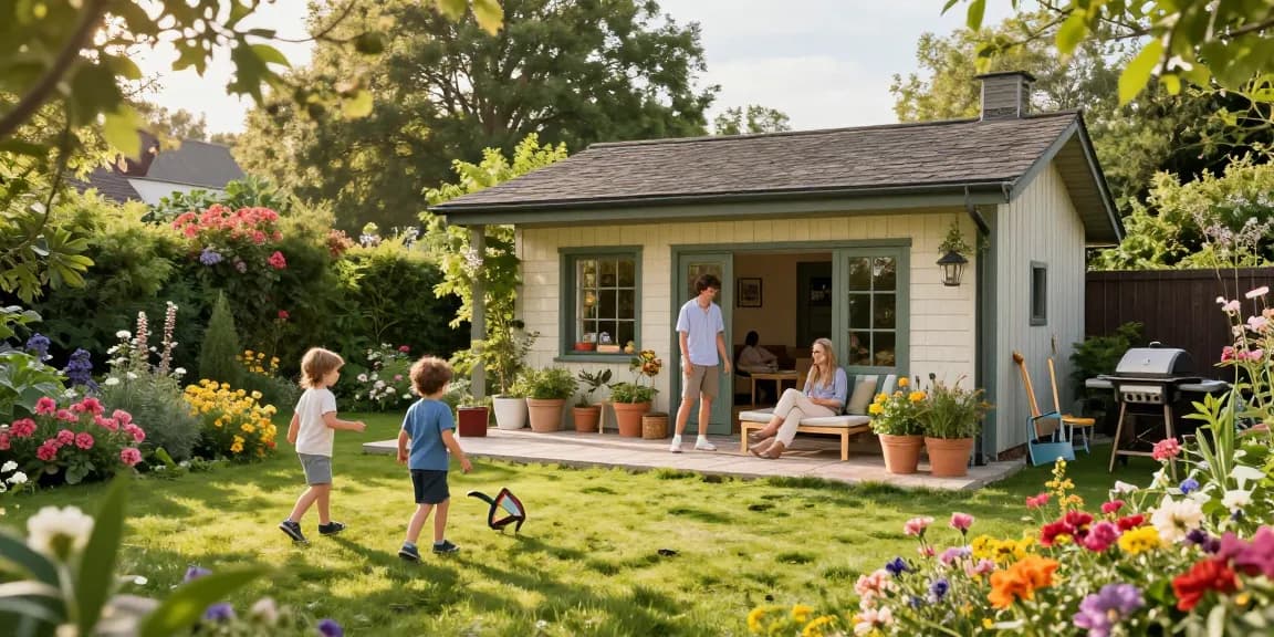 Ein Garten Haus umgeben von bunten Blumen und üppigem Grün, die perfekte Wohlfühloase für die ganze Familie.