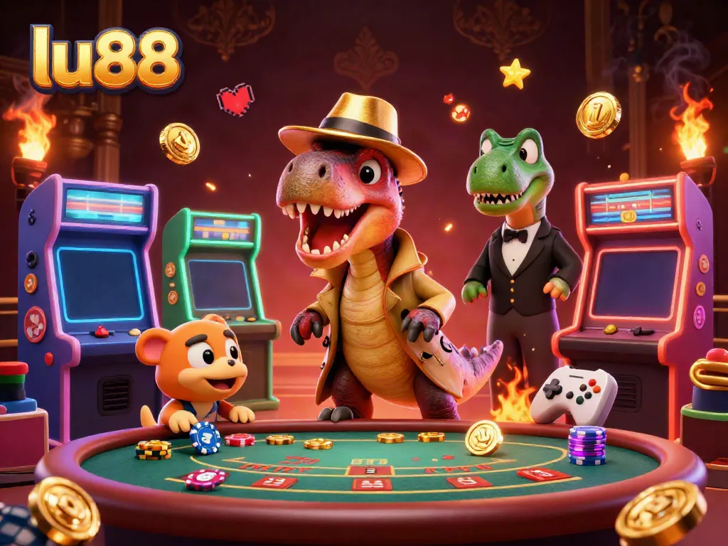 Engage with thrilling gameplay at LU88 while a velociraptor counts cards at a blackjack table.