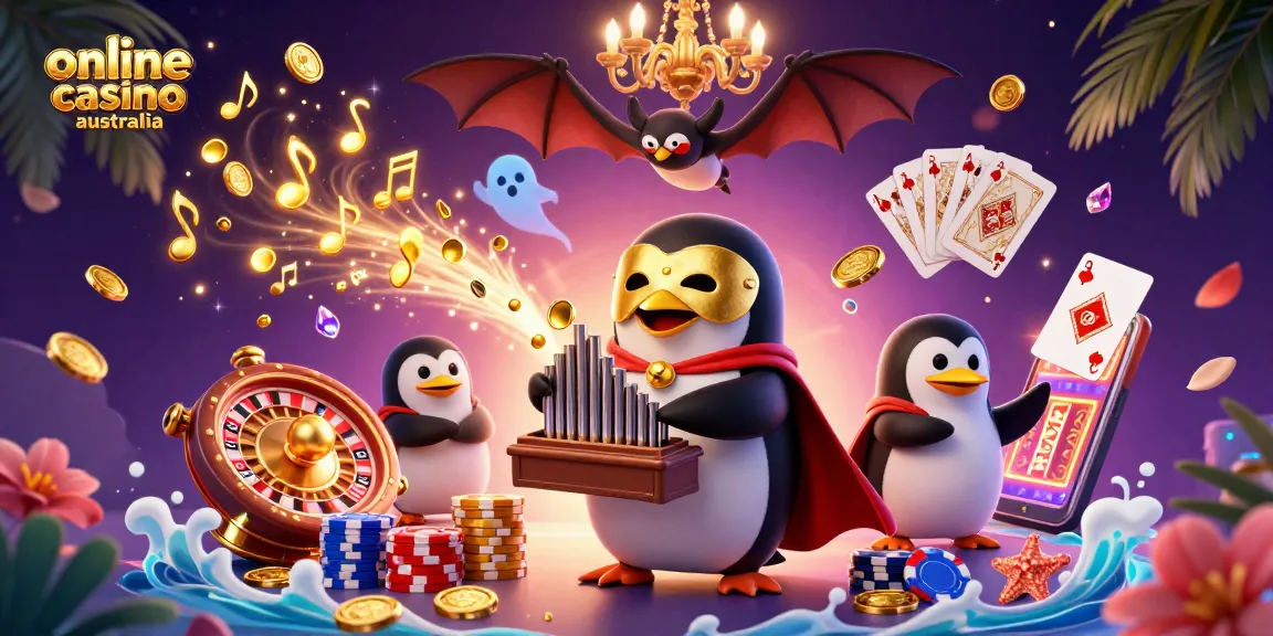 Experience thrilling gameplay at online casino Australia featuring a 3D cartoon penguin playing a pipe organ.
