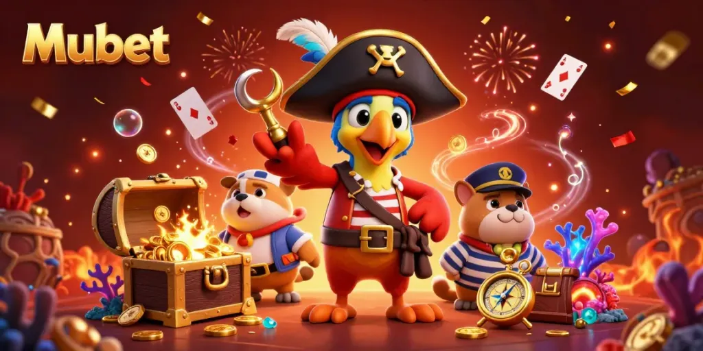Mubet pirates celebrate with a treasure-filled casino scene, showcasing vibrant energy and excitement.