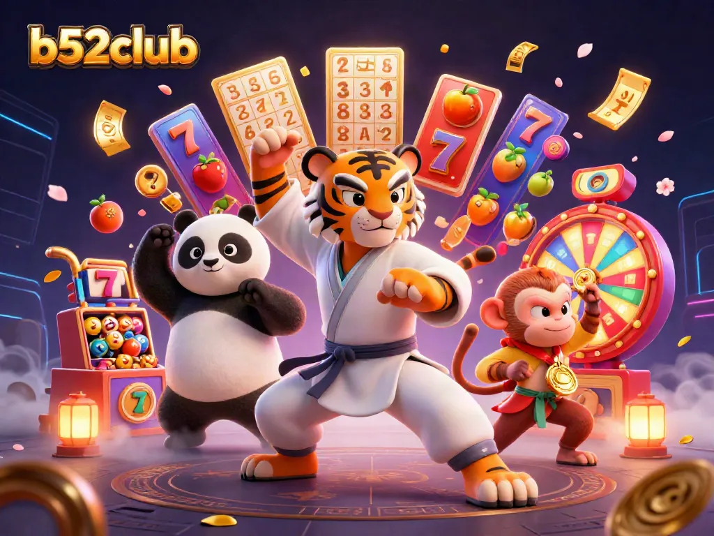 Engage with b52club slots as cartoon characters maximize fun, featuring colorful slot reels and vibrant casino elements.