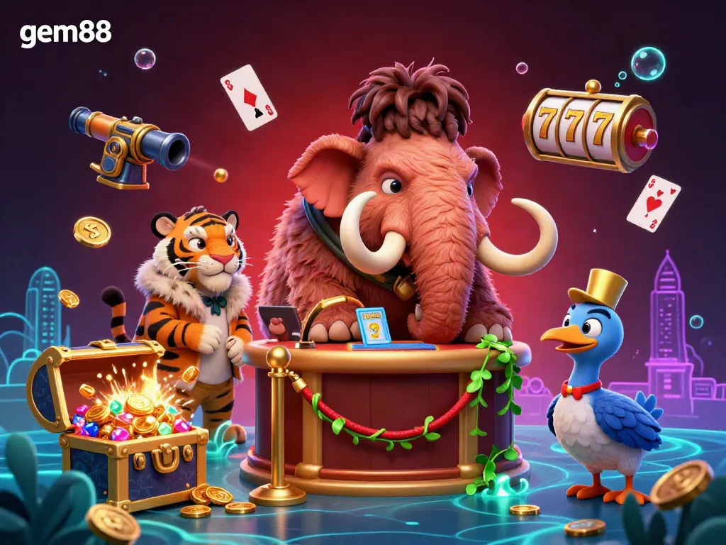Experience gaming excitement at gem88 with vibrant 3D characters and elements, including a woolly mammoth bouncer and treasure chests.