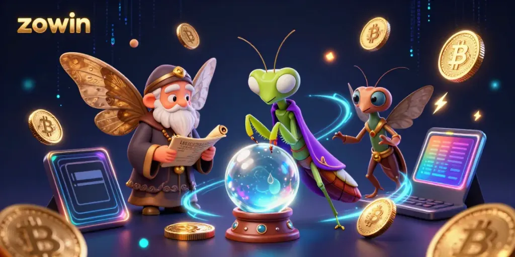Zowin's vibrant casino scene showcases fortune tellers and mystical elements surrounded by digital currency.