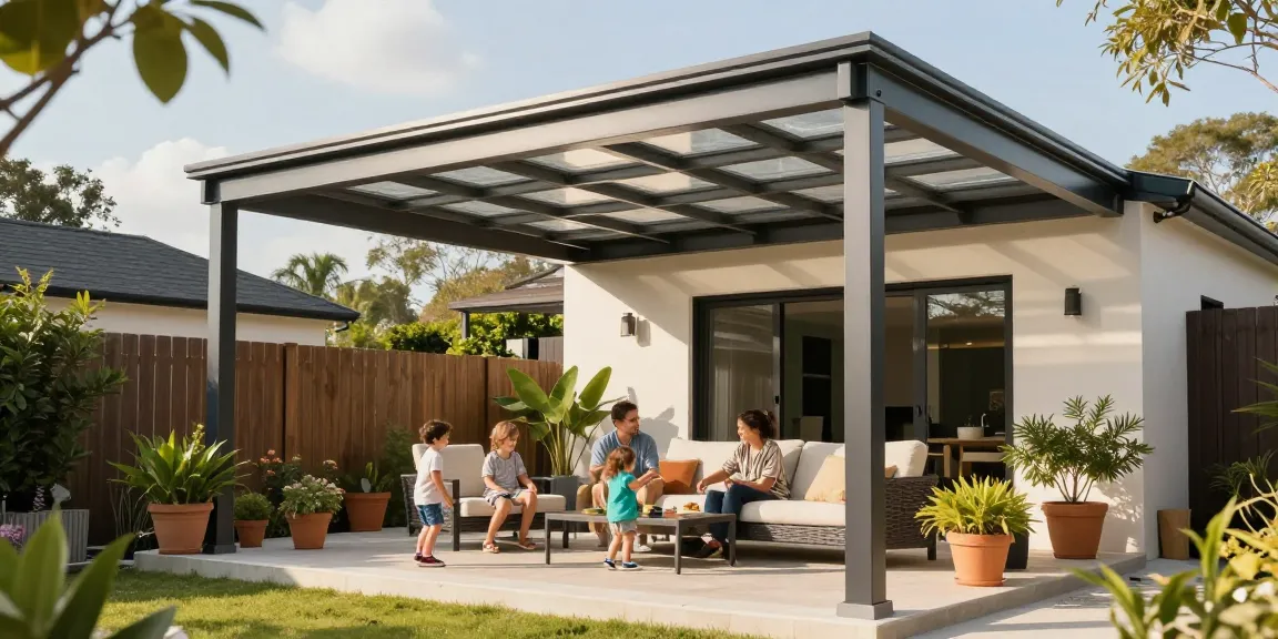 Moderne Terrassenüberdachung mit Familie im Garten bei Sonnenschein.