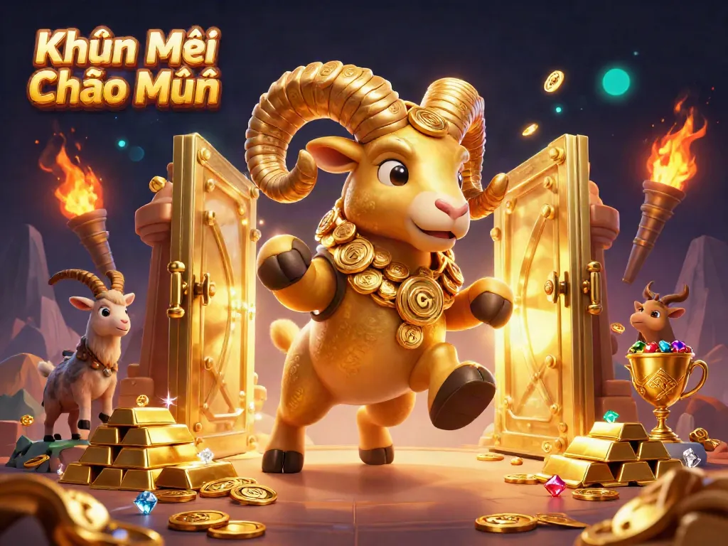 Celebrate with Khuyến Mãi Chào Mừng, featuring a powerful golden ram symbolizing casino excitement and winnings.