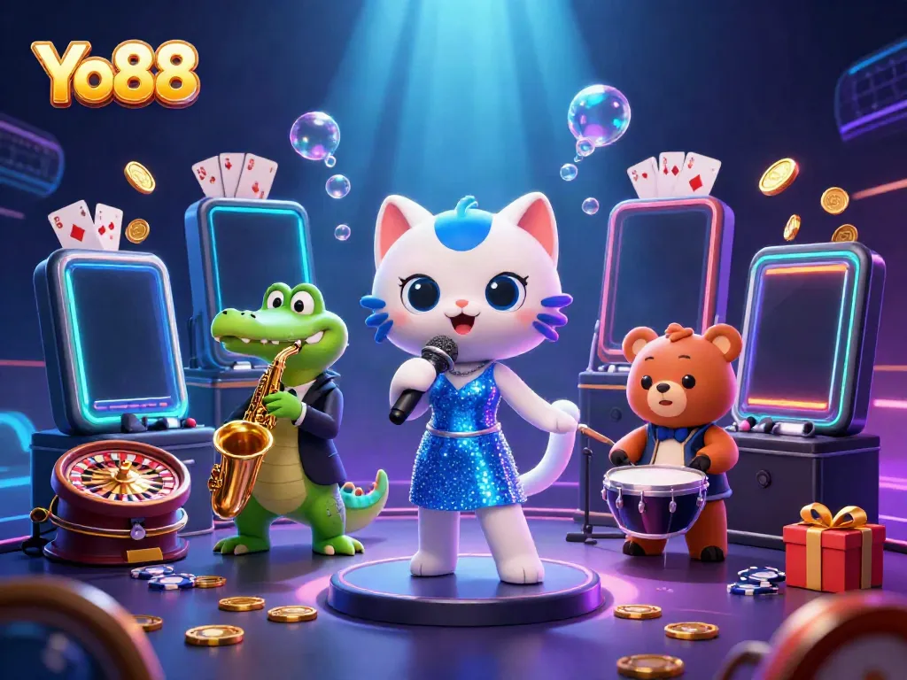 Players enjoy exciting games at Yo88, highlighted by vibrant animations and casino elements, showcasing the fun and thrill.