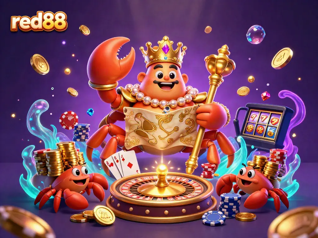 Experience the excitement of red88 with a dazzling 3D underwater casino scene featuring a golden crab, treasures, and vibrant game elements.