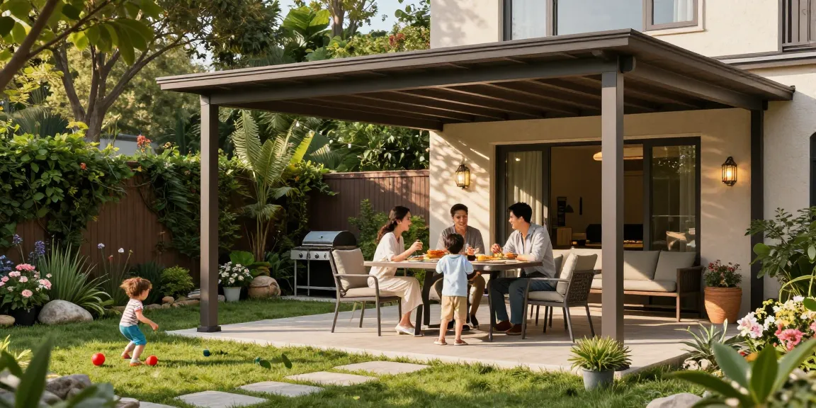 Freistehende Terrassenüberdachung im Garten, Familienzeit unter dem Überdach mit stilvollem Mobiliar.