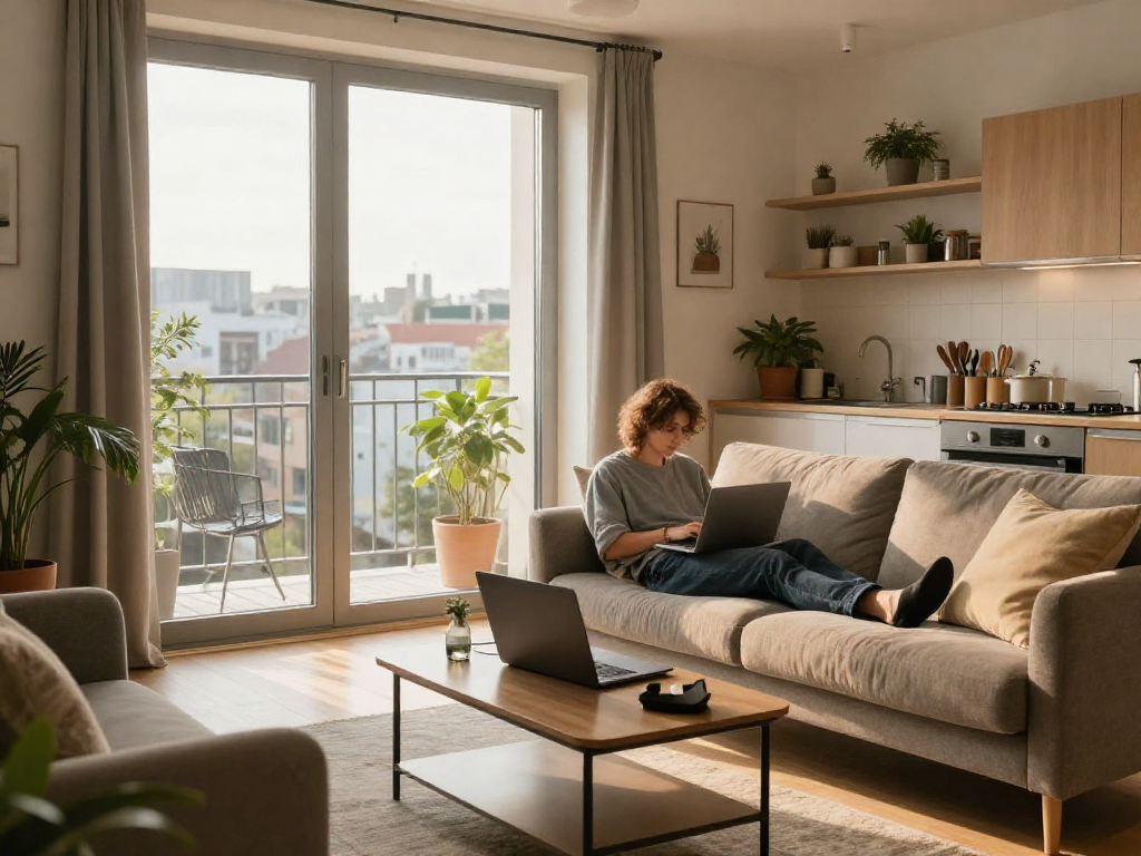 Gemütliches Monteurzimmer in Hannover mit modernen Möbeln und Balkon.