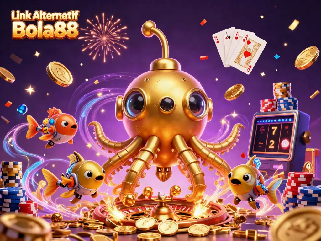 Experience thrilling entertainment with Link Alternatif Bola88 through a vibrant 3D casino scene featuring dynamic gameplay elements.