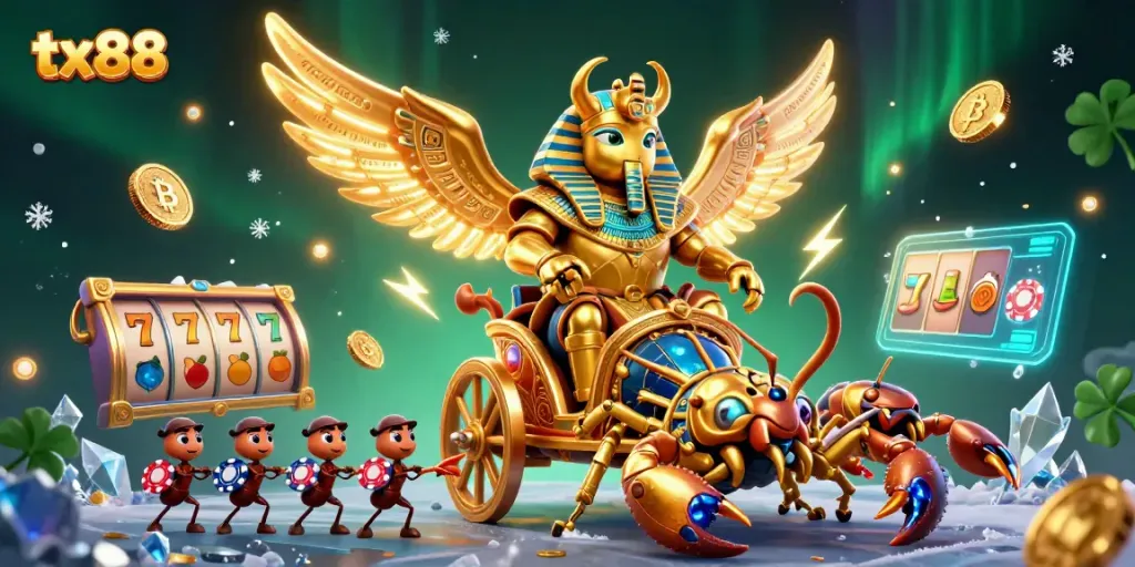 Experience thrilling gaming at tx88 with a vivid illustration of a colossal golden scarab beetle in a casino environment, showcasing diverse slot elements.