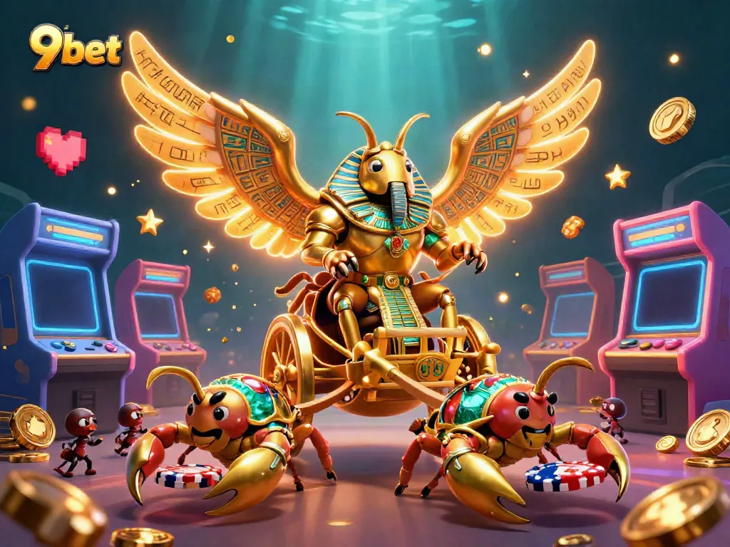 Engage with 9bet's animated scene featuring a golden scarab casino adventure with vibrant gaming elements.