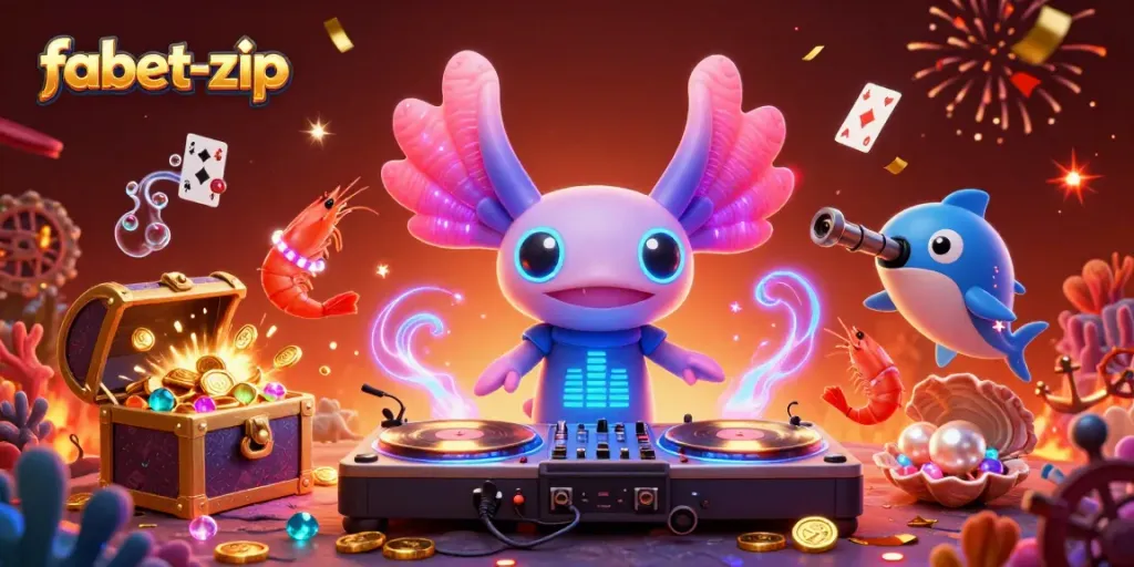 Engage with fabet-zip's vibrant casino scene featuring an axolotl DJ and lively underwater treasures.