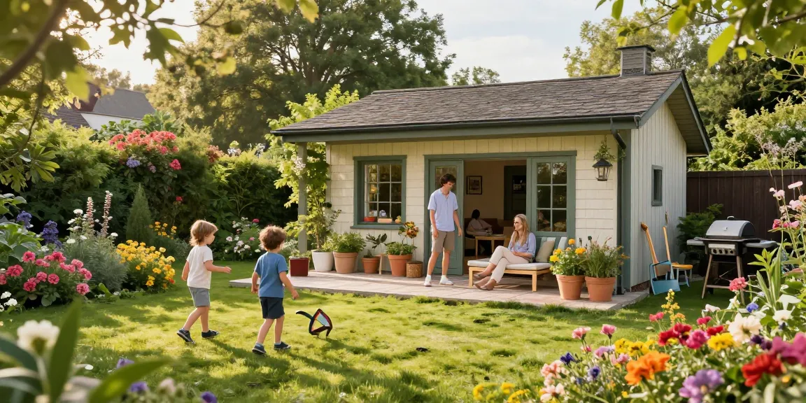 Ein Garten Haus umgeben von bunten Blumen und üppigem Grün, die perfekte Wohlfühloase für die ganze Familie.