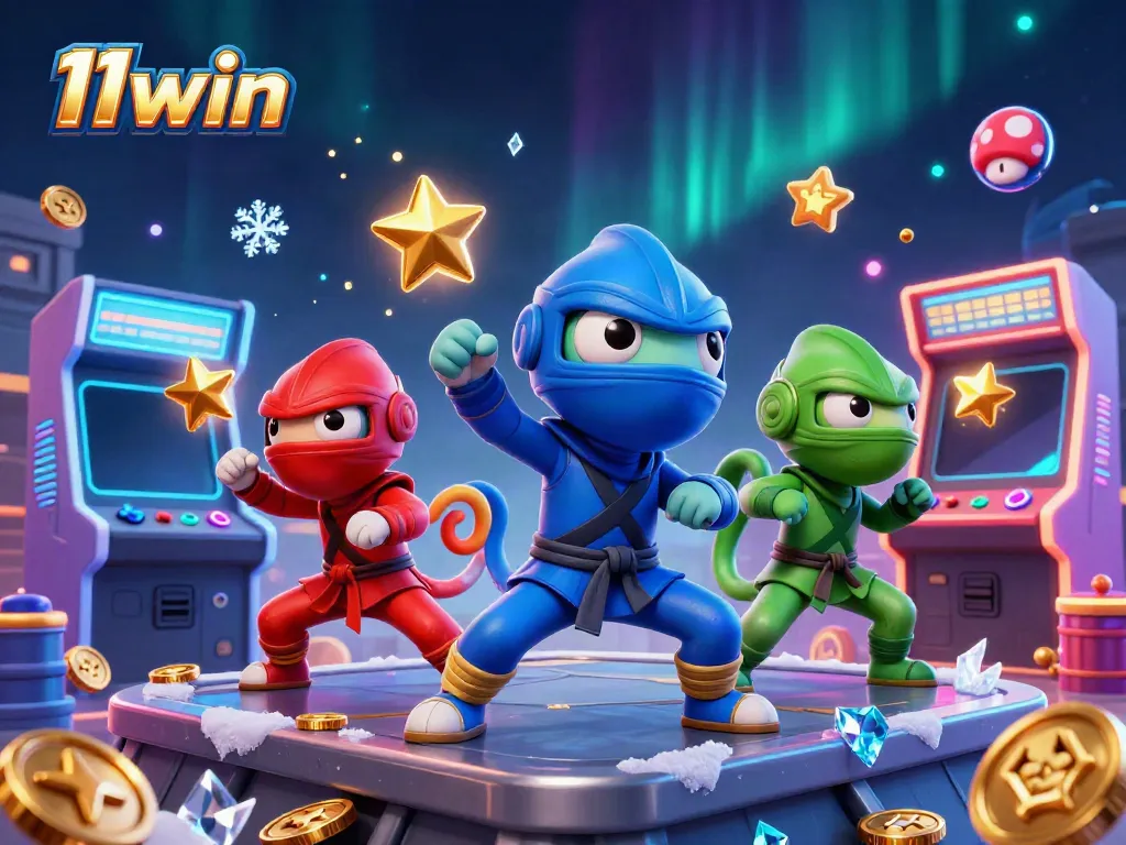 Experience thrilling action at 11win with vibrant chameleon ninjas and colorful casino elements.