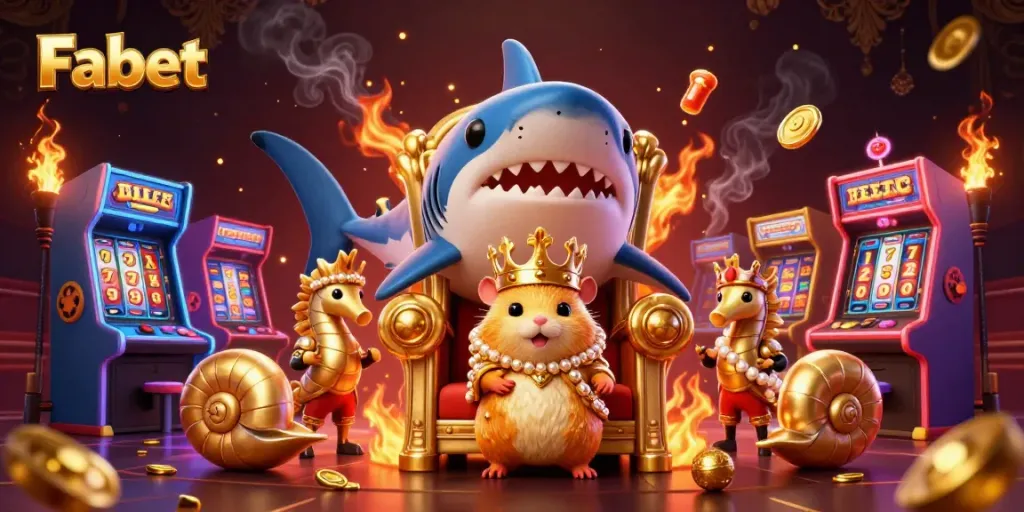 Engage with Fabet's vibrant casino world through a dynamic scene featuring a golden hamster king, seahorse guards, and casino games.
