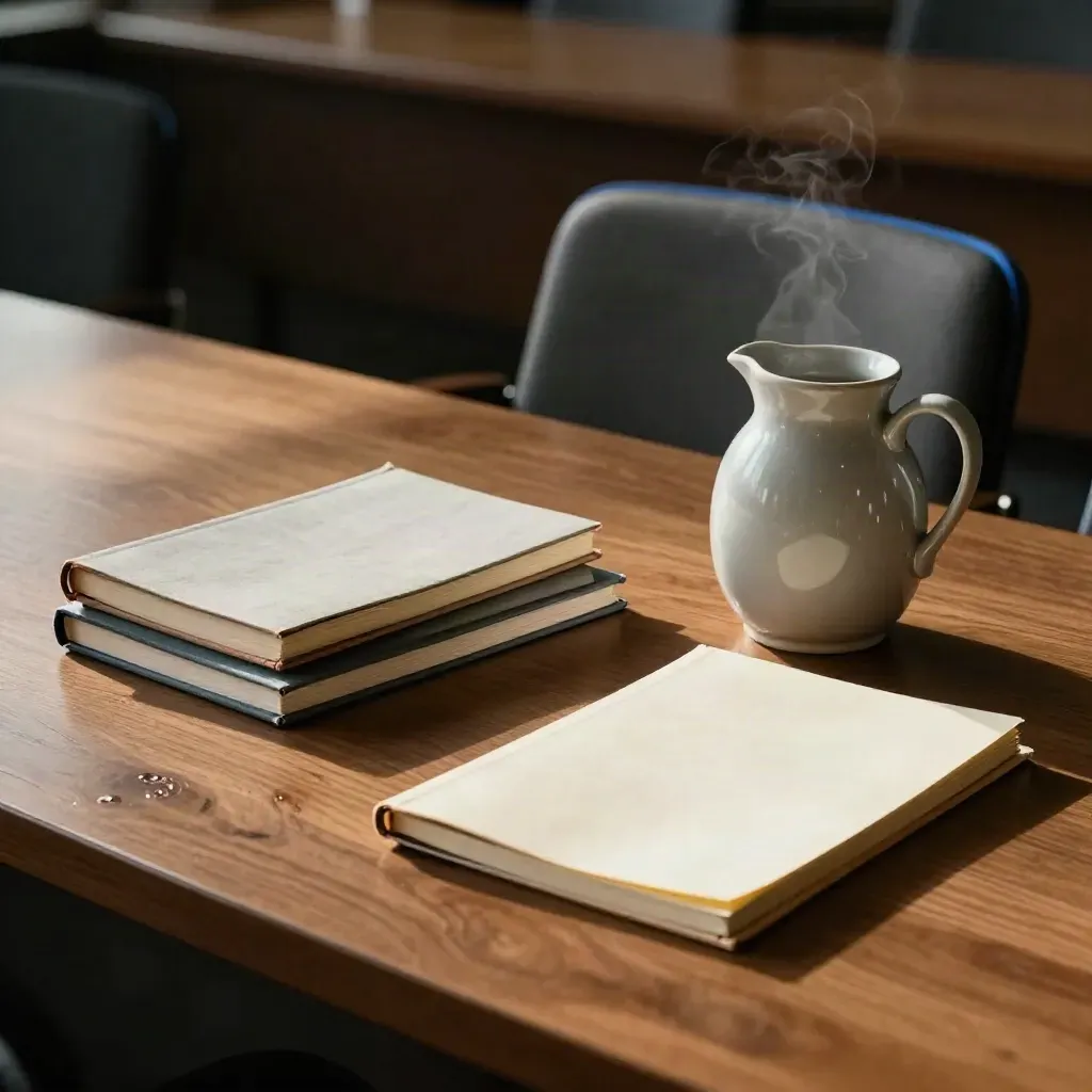 Debattentisch mit Notizbüchern, Wasserkrug, geöffnetem Ordner und leerem Stuhl im warmen Licht.
