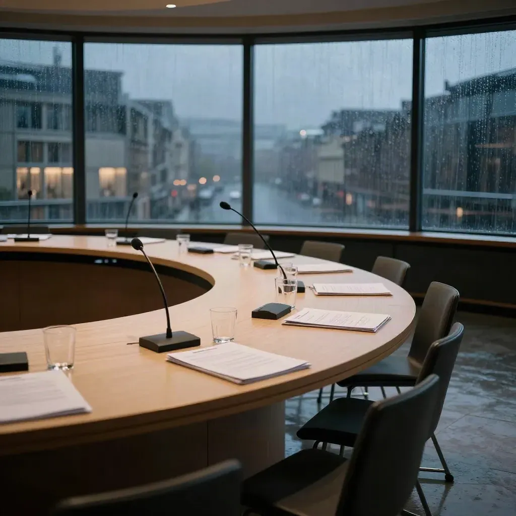 Leerer Brüsseler Forumssaal mit runder Eichen-Tafel, Mikrofonen und Regen am Fenster.