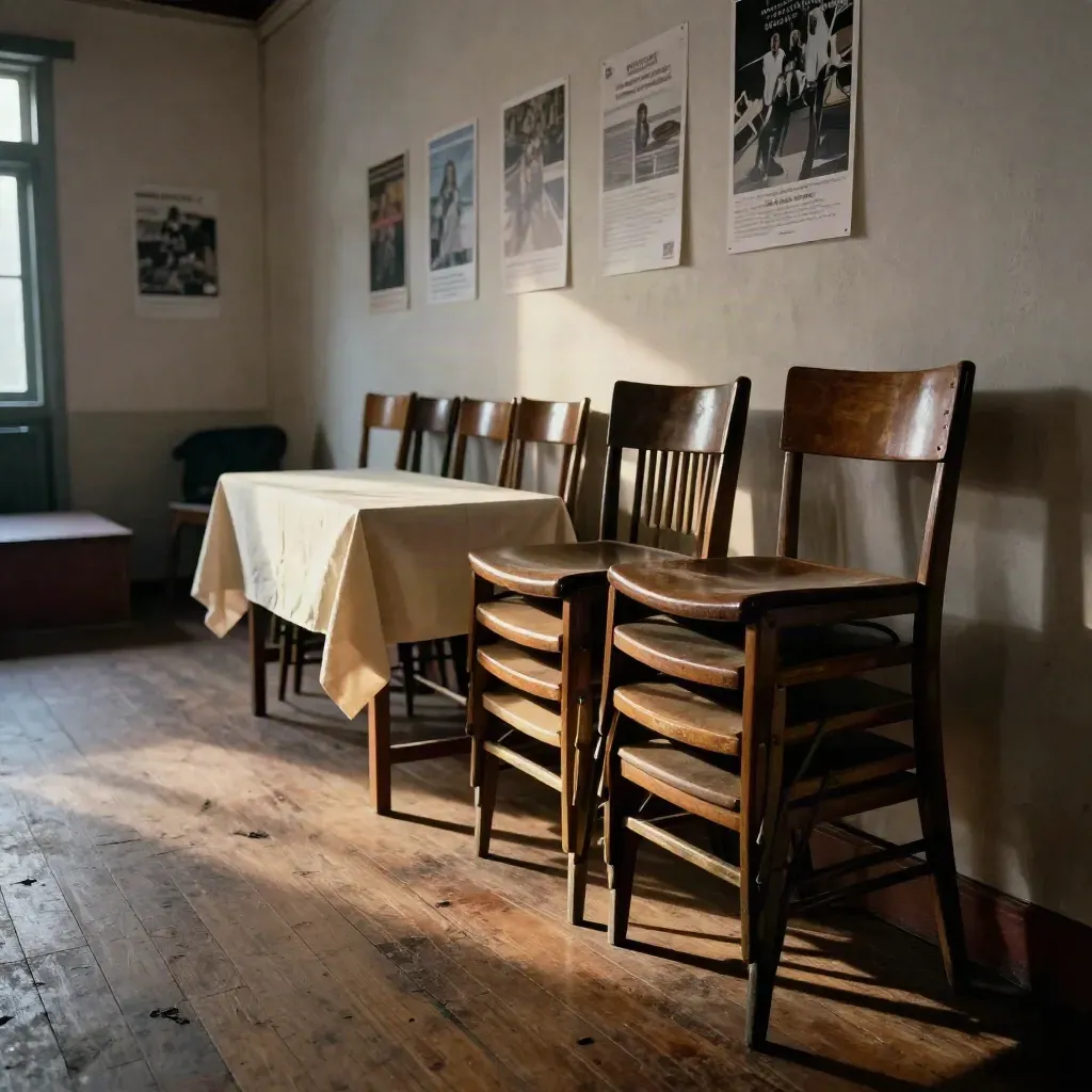 Leerer Gemeindesaal nach einer Dialogrunde, gestapelte Stühle und gefaltete Tischdecke im warmen Licht.