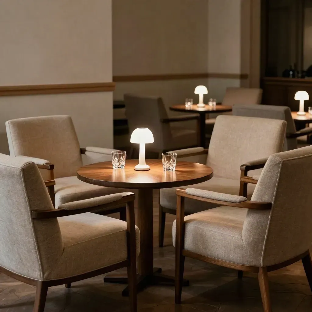 Leerer Mediensalon mit runder Tischgruppe, Gläsern und Lampe im warmen Abendlicht.