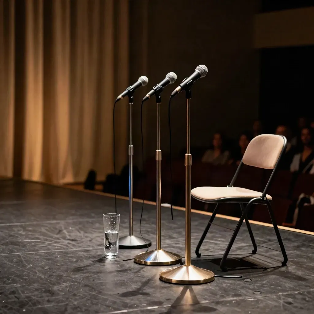 Leere Podiumsituation mit drei Mikrofonen und Wasserkanne im warmen Bühnenlicht.