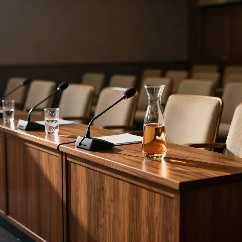 Leerer Podiumstisch mit drei Mikrofonen und Wassergläsern im warmen Konferenzraum
