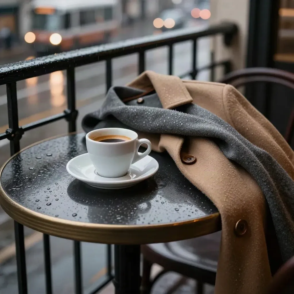Espressotasse, gefalteter Mantel und nasse Steinplatten im Abendregen auf einem Balkoncafé.