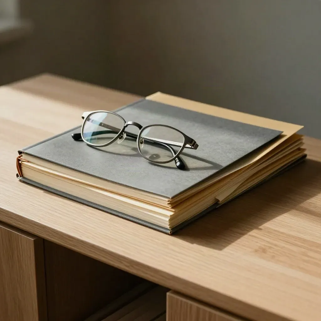 Brille, Notizbuchstapel und versiegelte Briefings auf einem Sideboard im Forum.