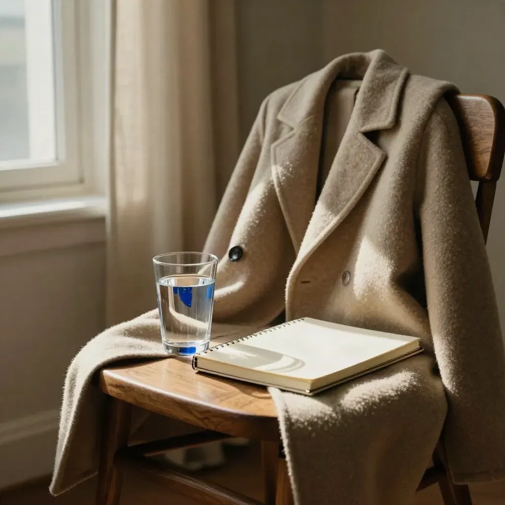 Wollmantel, Wasserglas und Notizbuch neben einem Fenster im warmen Licht.