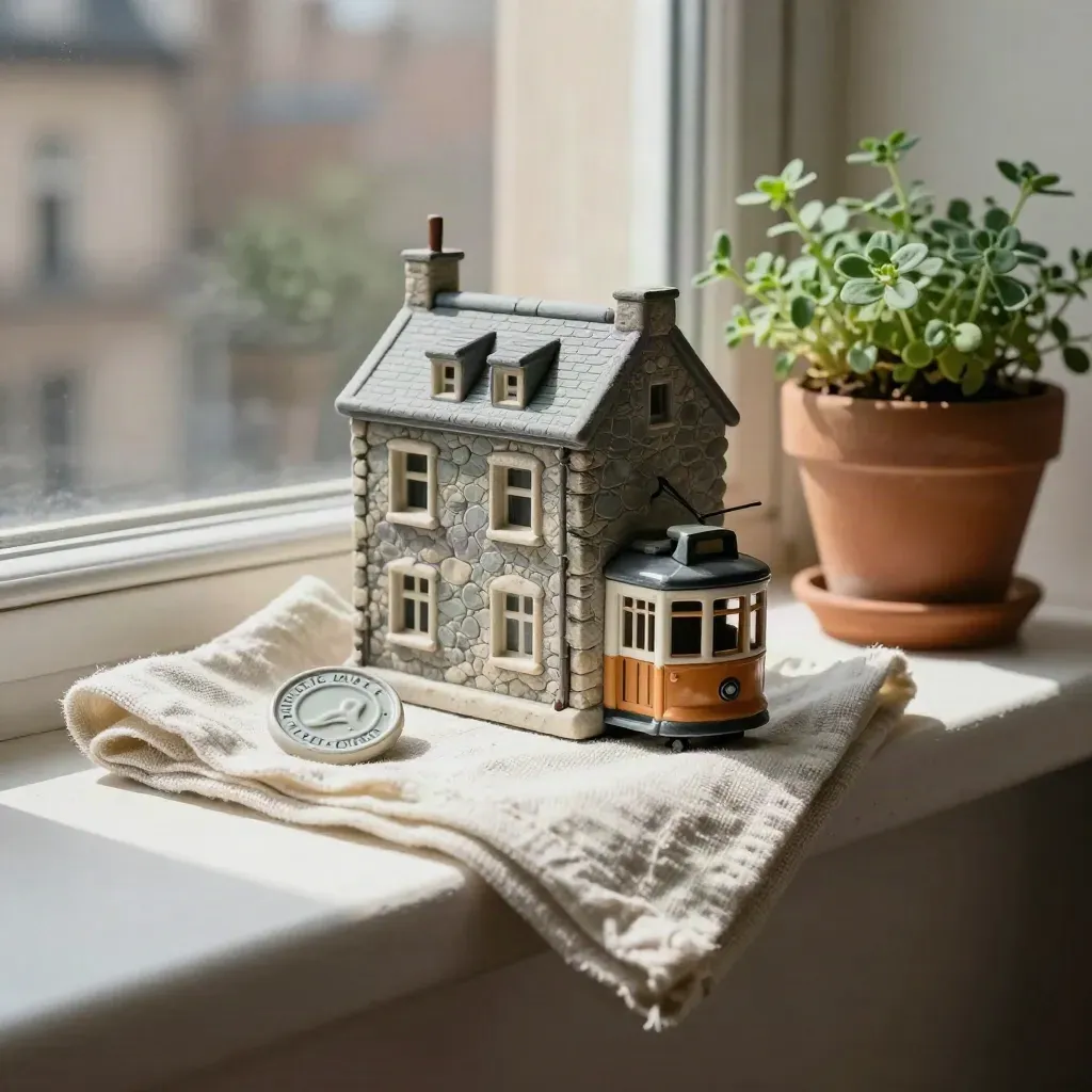 Miniaturhaus, Straßenbahnmarke, Leinenserviette und Topfkräuter auf einer hellen Fensterbank.