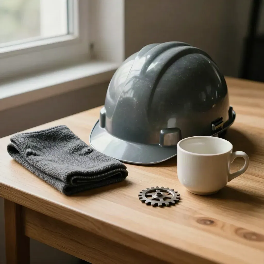 Matte Stahlhelm, Wolltuch, Becher und Zahnrad auf heller Eichenfläche im Fensterlicht.