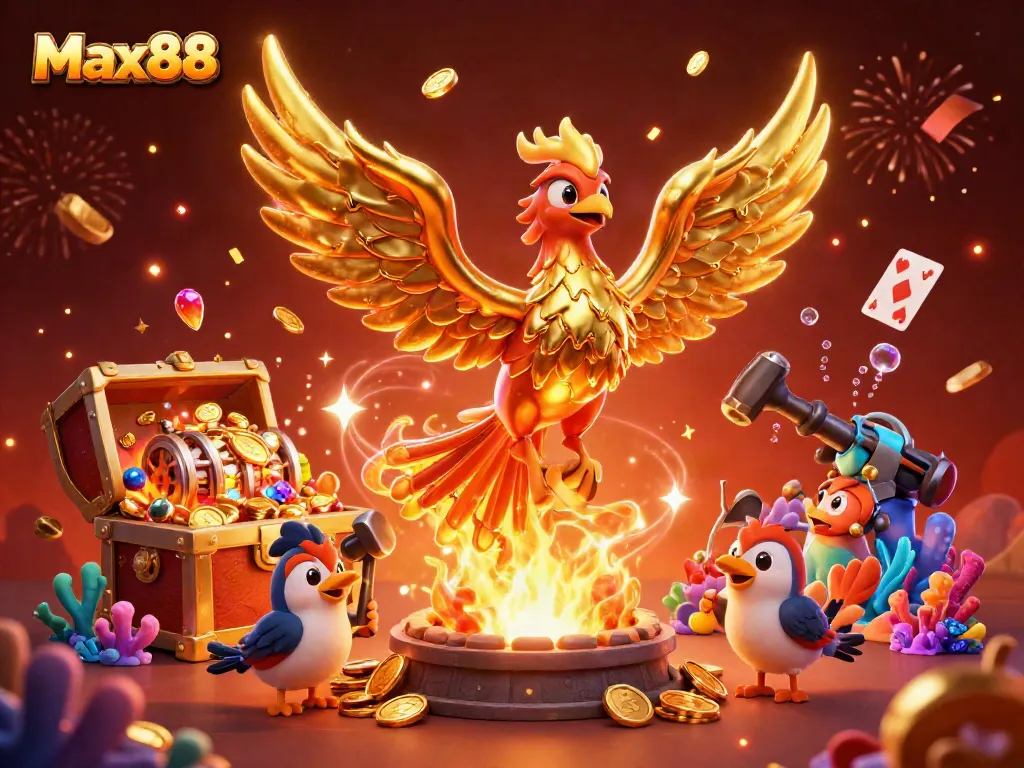 Max88 showcases a vibrant scene with a molten phoenix and slot game elements, enhancing the gambling experience.