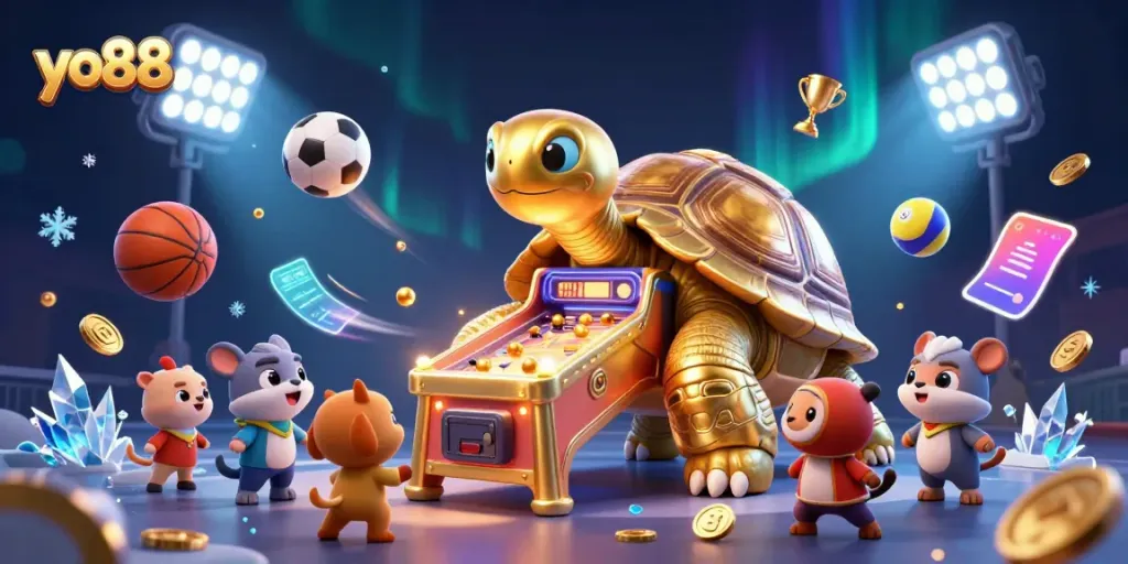 Experience the thrilling world of yo88 with a golden tortoise pinball machine and vibrant casino elements.