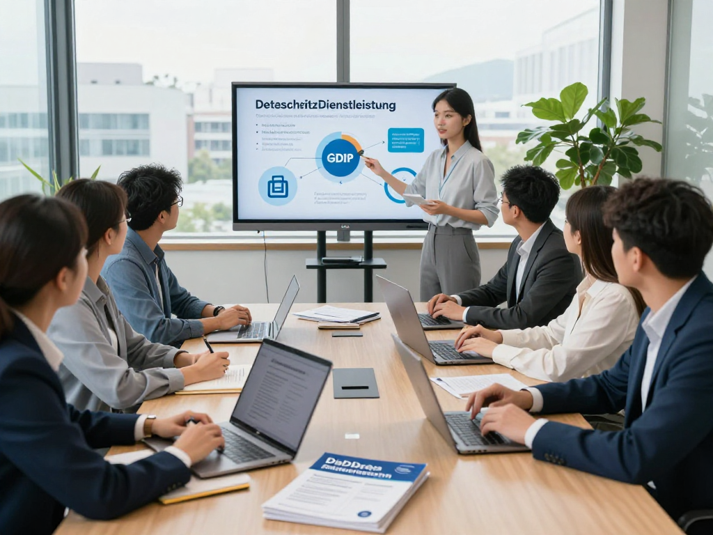 Professional team discussing Datenschutz Dienstleistung strategies in a bright conference room.