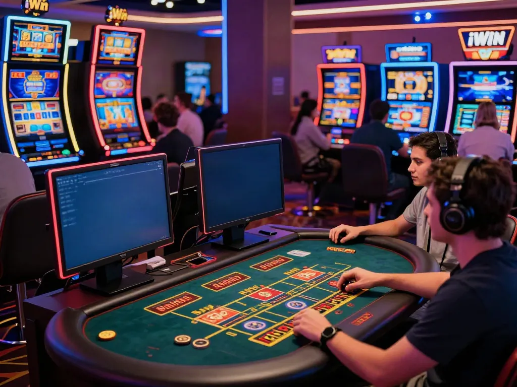 Exciting iwin online gaming scene with players interacting at tables and slots, showcasing lively entertainment.