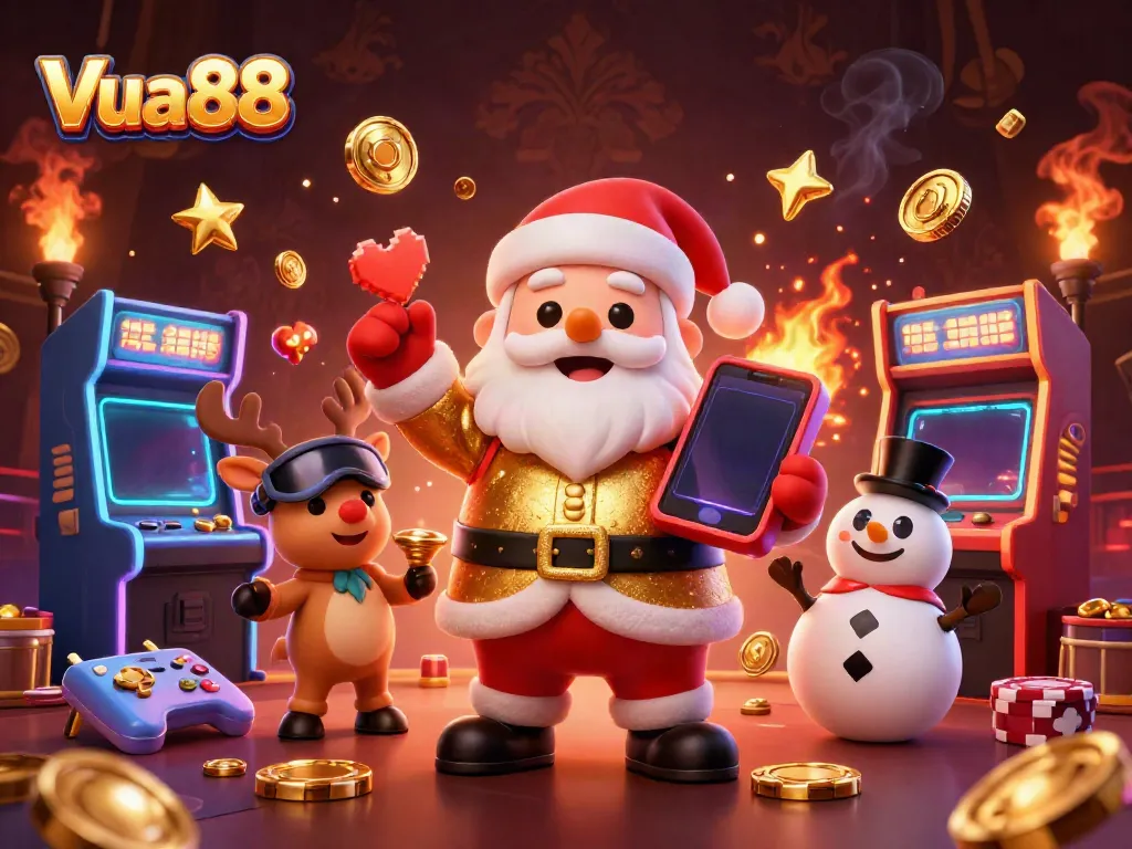 Spin winnings with Vua88 featuring Santa, reindeer, and snowman celebrating jackpots in a colorful casino.