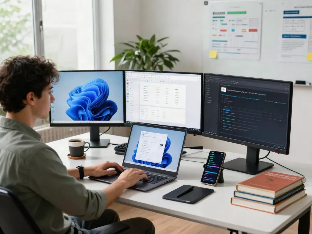 Effiziente Arbeitsumgebung mit Windows 11 Pro, Entwickler am Laptop, moderne Bürokultur, produktiv und kreativ.