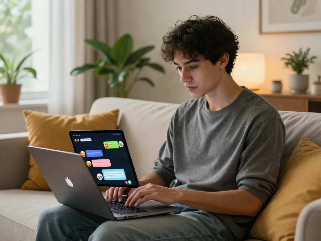 Engaging spicy AI chat with vibrant emojis on a laptop in a cozy setting.