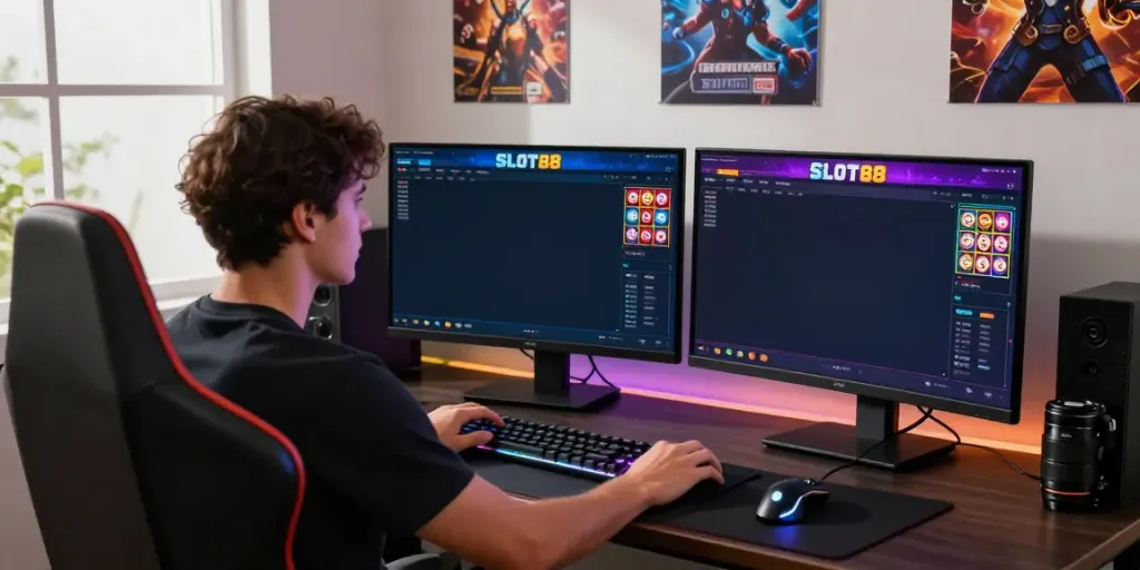 Engaging gaming setup featuring SLOT88 resmi interface with colorful slots and gaming peripherals