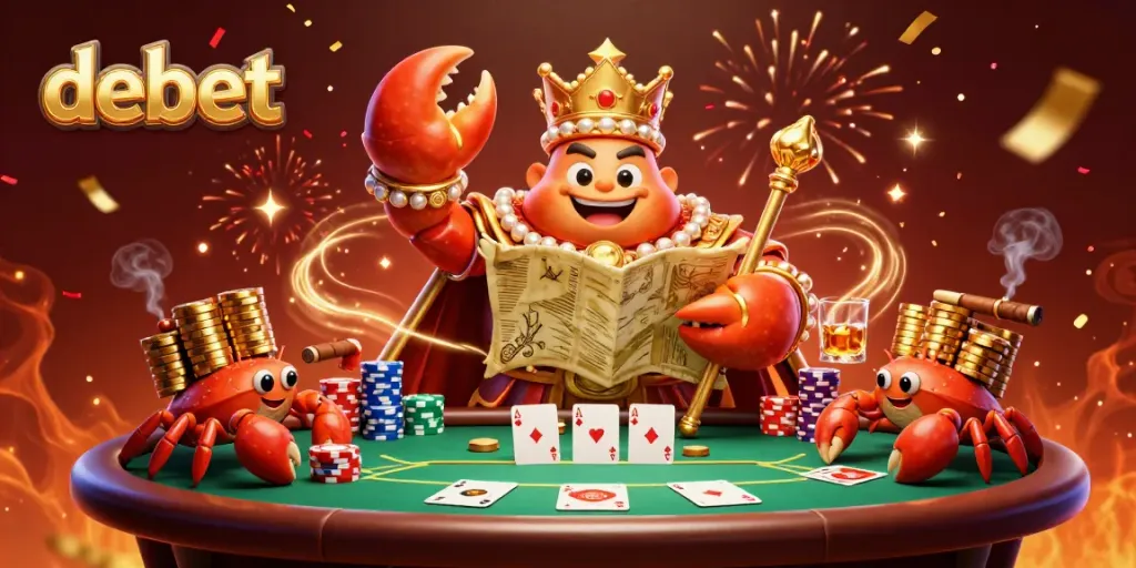 Experience the excitement of debet with a dynamic, golden crab emperor at a vibrant poker scene.
