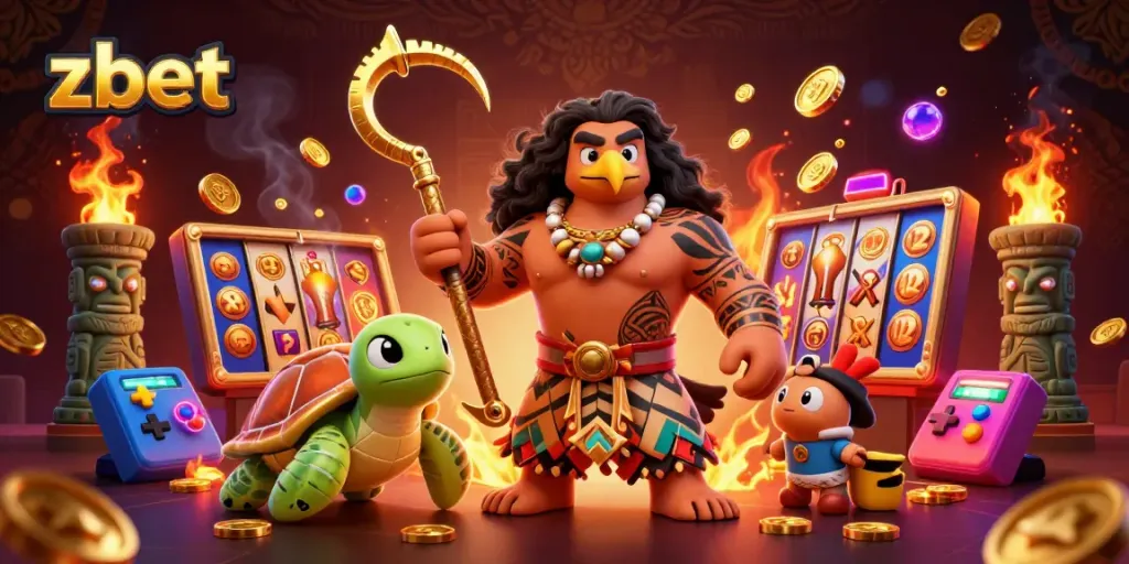 Experience zbet's thrilling casino atmosphere with vibrant slot machines and enchanting characters.