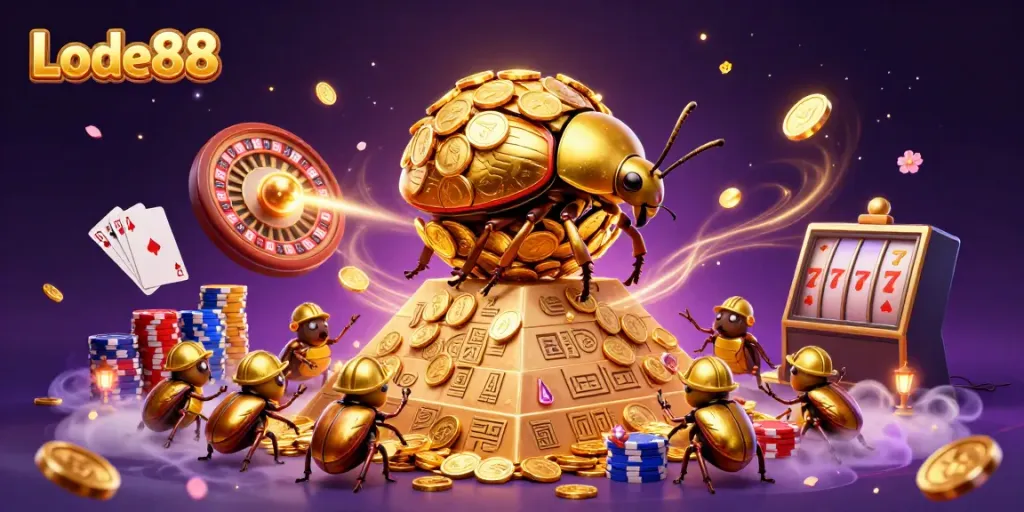 Lode88 showcases a vibrant casino scene with a golden dung beetle rolling coins, capturing excitement with gems and casino elements.