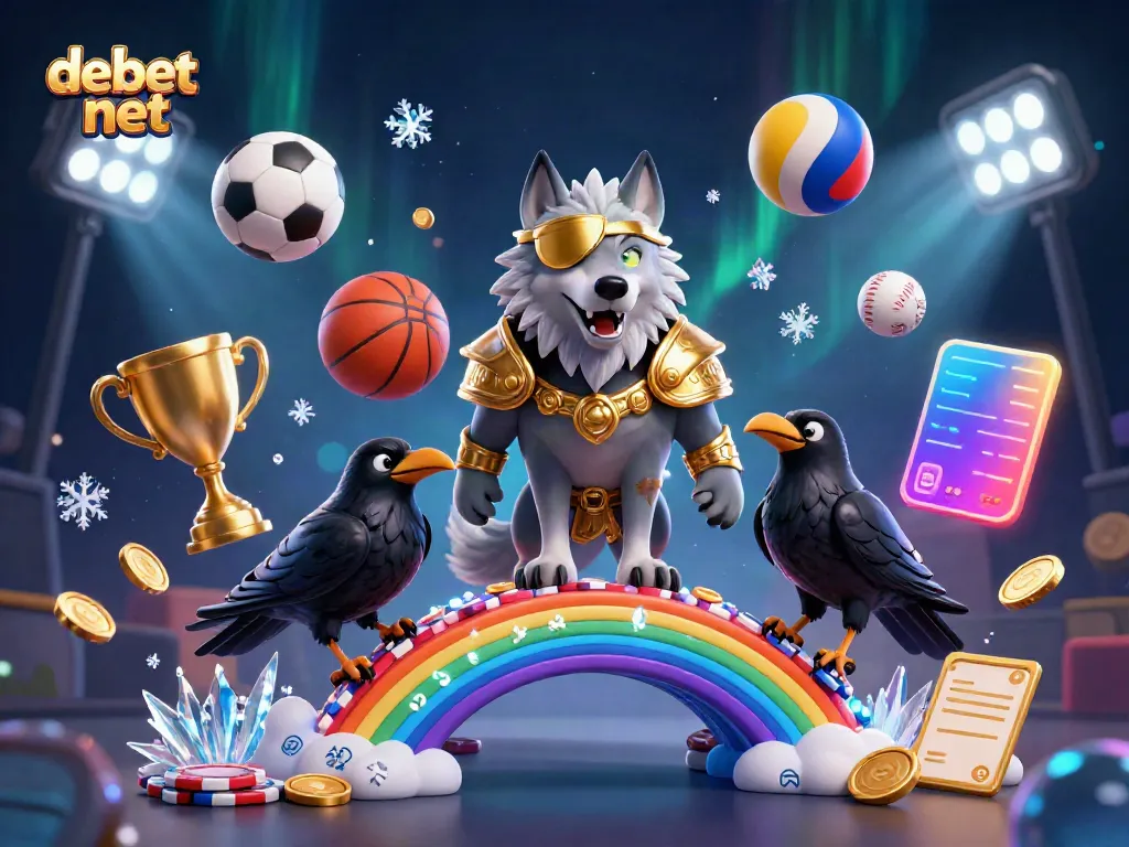 Engage with debet net by witnessing a Norse-inspired scene with Odin and ravens amidst dynamic sports elements and casino imagery.