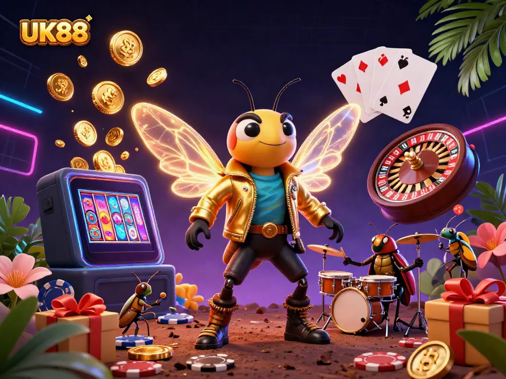 Engage with UK88 as a vibrant cicada rock star powers up the excitement in a colorful gambling scene.