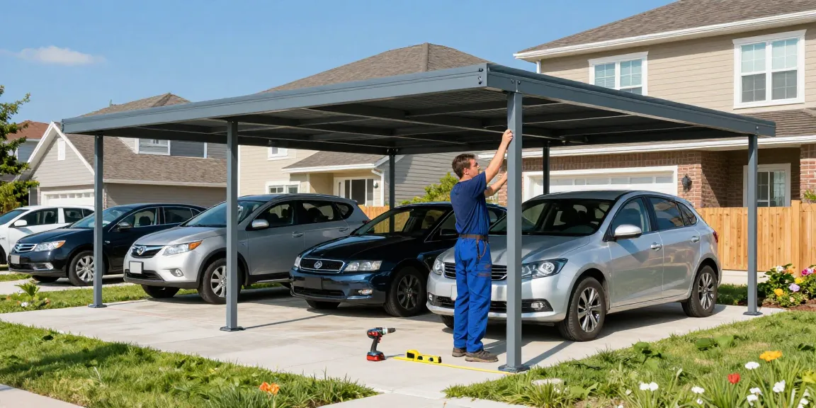 Robuster Carport im Bau mit Fachmann, Maßband und Werkzeugen in einem Wohnviertel.