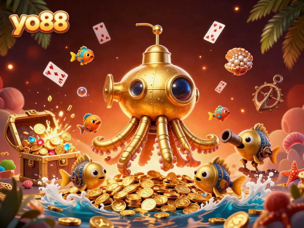 Experience thrilling gameplay at yo88 with a cartoon kraken submarine amidst treasure chests and gold coins.