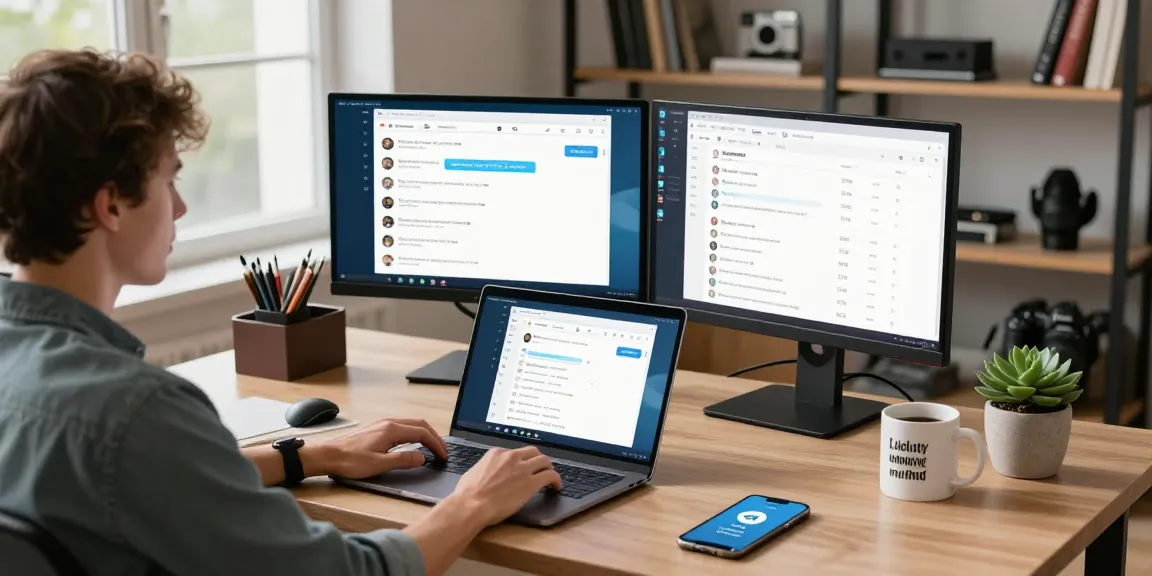 Engaging workspace featuring Telegram Web Version on dual monitors for efficient communication.