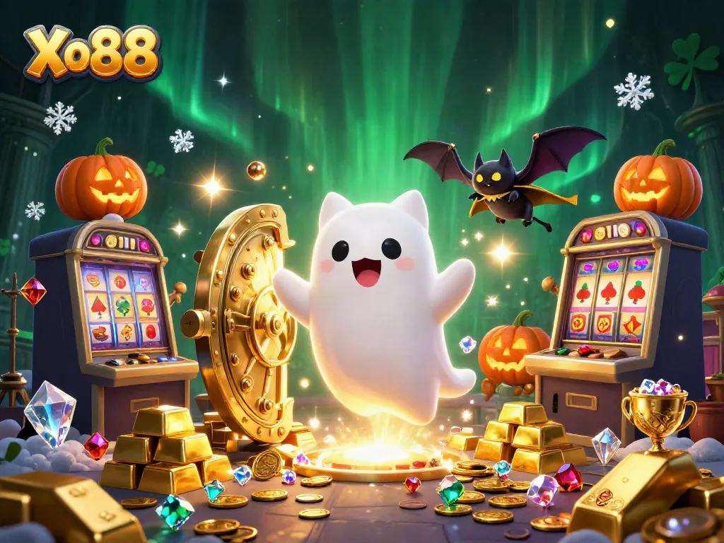Xo88 brings gaming excitement with a ghost cat, a vampire bat, and glowing jack-o-lanterns in a vibrant casino scene.