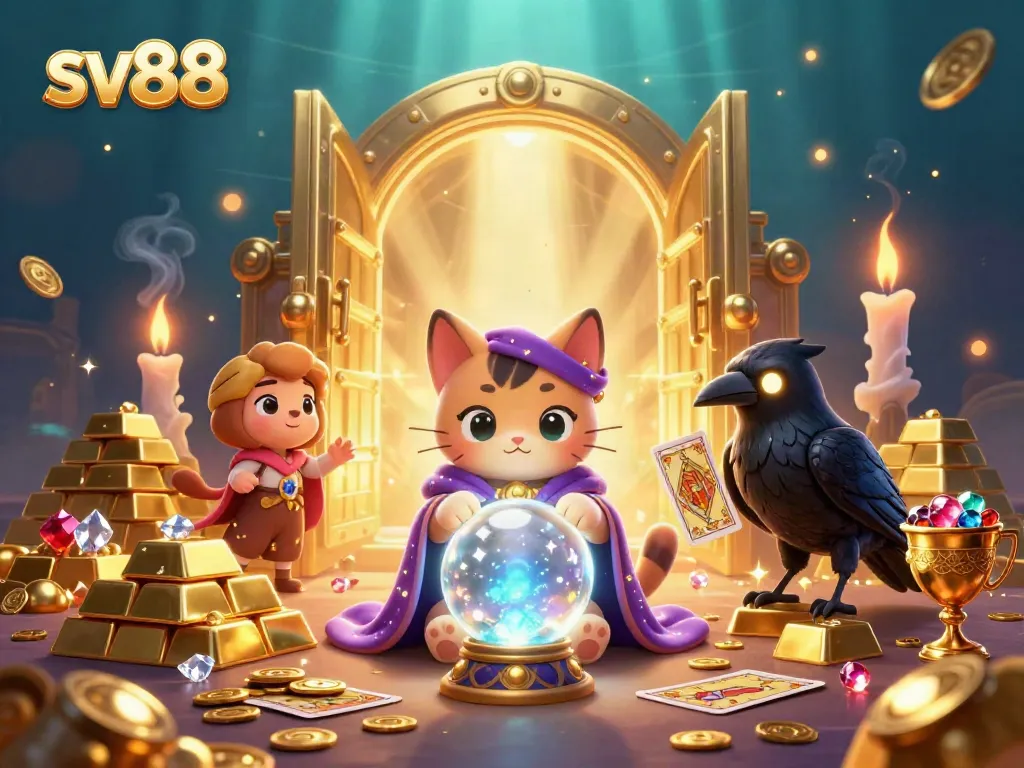 Experience thrilling fortune at sv88 with a mystic cat and a tarot raven in a vibrant casino.